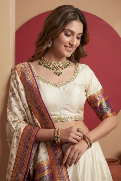 Viscose Beige Readymade Lehenga Choli With Fancy Weaving Work
