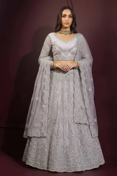 Elegant Grey Net Fabric Wedding Wear Lehenga Choli