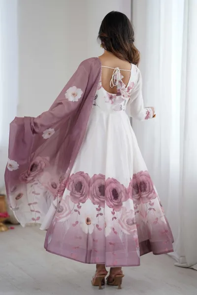 Majesty Floral Print Readymade Anarkali Dress In Wine Color