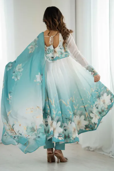 Cyan Floral Print Readymade Anarkali Salwar Kameez