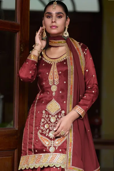 Maroon Art Silk Designer Readymade Palazzo Salwar Kameez