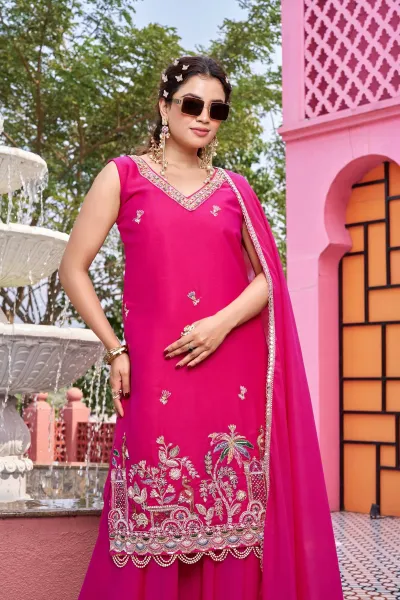 Pink Sangeet Wear Embroidered Georgette Readymade Palazzo Suit