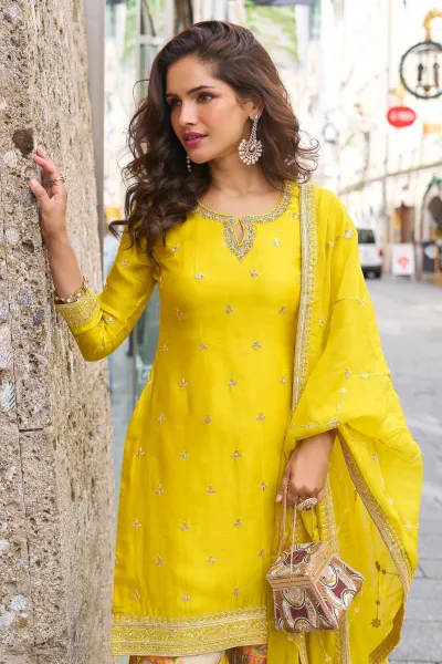 Yellow Chinon Embroidered Readymade Palazzo Suit
