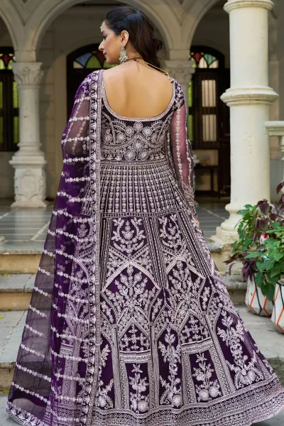 Net Readymade Anarkali Salwar Kameez In Purple Color