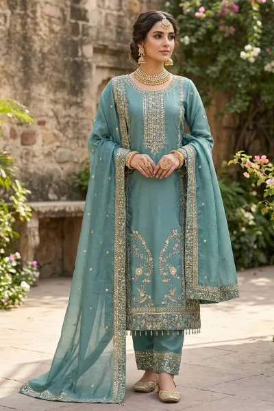 Cyan Festive Wear Art Silk Embroidered Readymade Palazzo Suit