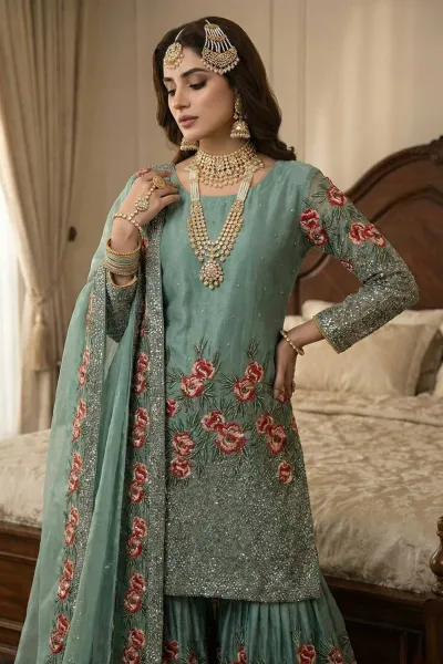 Cyan Function Wear Art Silk Embroidered Readymade Palazzo Suit