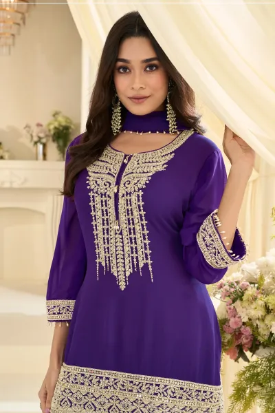 Embroidered Georgette Readymade Salwar Suit In Purple Color