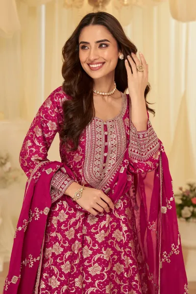 Wedding Function Wear Rani Viscose Silk Readymade Anarkali Suit Set