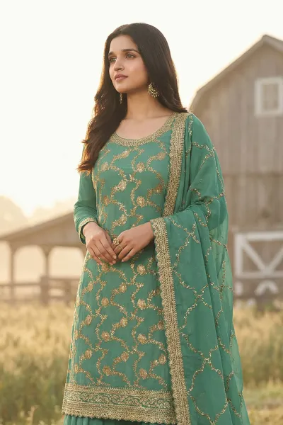 Nidhi Shah Chinon Fabric Embroidered Sea Green Readymade Palazzo Salwar Kameez