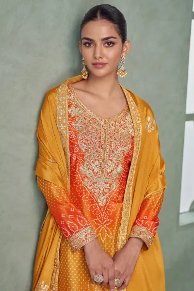Orange Embroidered Readymade Palazzo Salwar Suit