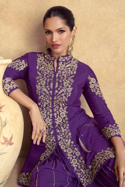 Embroidered Purple Chinon Silk Salwar Suit