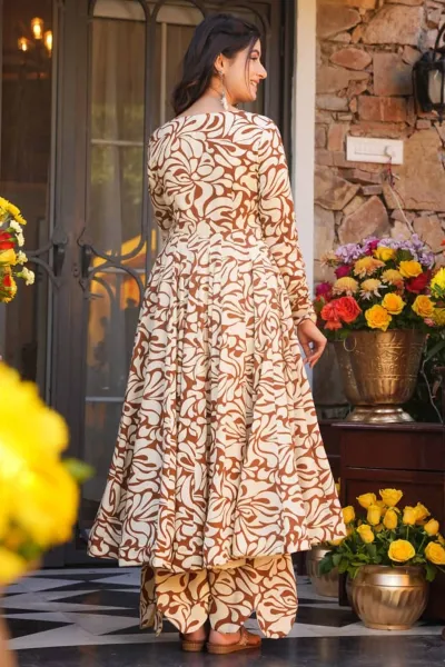WomenS Floral Print Knee Length Fit And Flare A-Line Brown Dress
