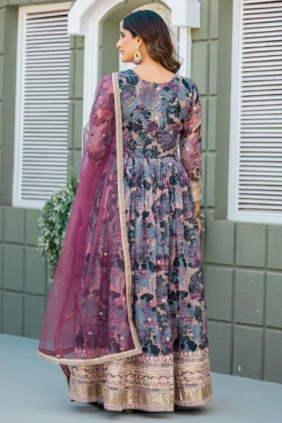 Printed Art Silk Grey Readymade Anarkali Style Gown With Dupatta Set