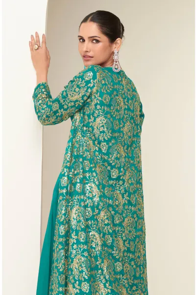 Party Wear Embroidered Cyan Indo Western Palazzo Set With Jacket