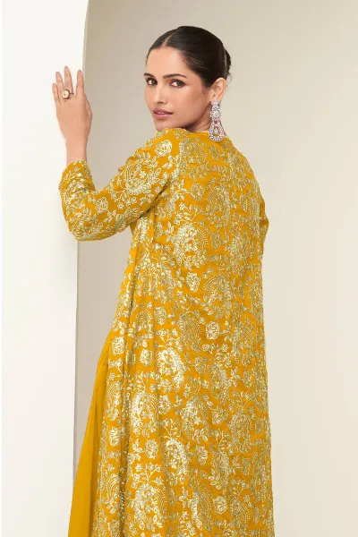 Mustard Chinon Silk Embroidered Indo Western Palazzo Set With Jacket