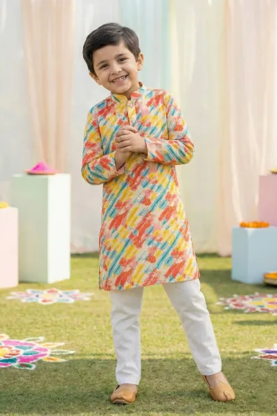 Printed Cotton Multi Color Festive Wear Readymade Kurta Pyjama For Boys