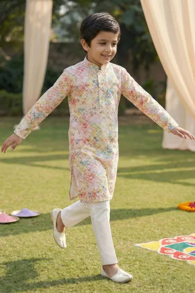 Cotton Fabric Festive Wear Multi Color Readymade Kurta Pyjama For Boys