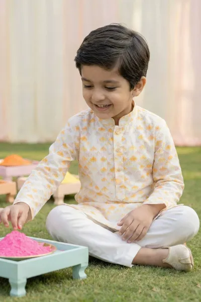 Beige Festive Wear Cotton Fabric Readymade Kurta Pyjama For Boys