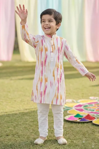 Cotton Fabric Printed Beige Readymade Kurta Pyjama For Boys