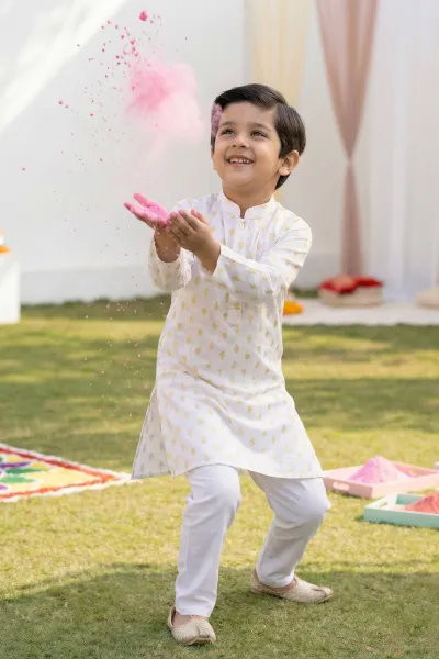 Printed Cotton Beige Festive Wear Readymade Kurta Pyjama For Boys