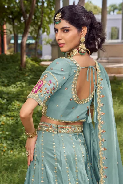 Embroidered Tissue Sky Blue Lehenga Choli For Sangeet Function