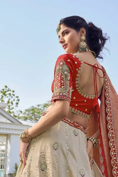 Wedding Function Beige Designer Lehenga With Embroidered Blouse