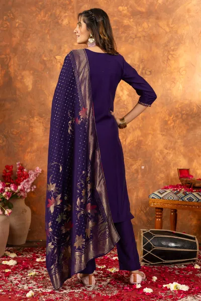 Purple Marina Silk Embroidered Designer Straight Cut Suit