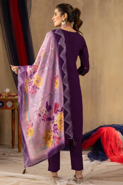 Embroidered Purple Readymade Straight Cut Salwar Kameez In Roman Silk Fabric
