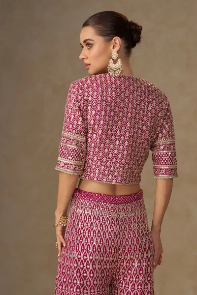 Magenta Georgette Designer Readymade Palazzo With Designer Blouse And Jacket