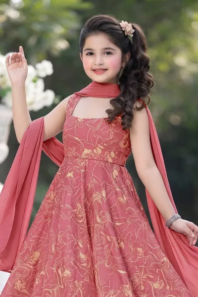 Kids Pink Muslin Digital Print Anarkali Salwar Kameez