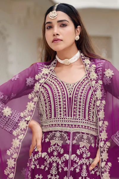 Designer Embroidered Purple Net Readymade Anarkali Dress