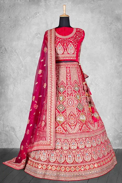 Velvet Fabric Maroon Embroidered Bridal Lehenga Choli