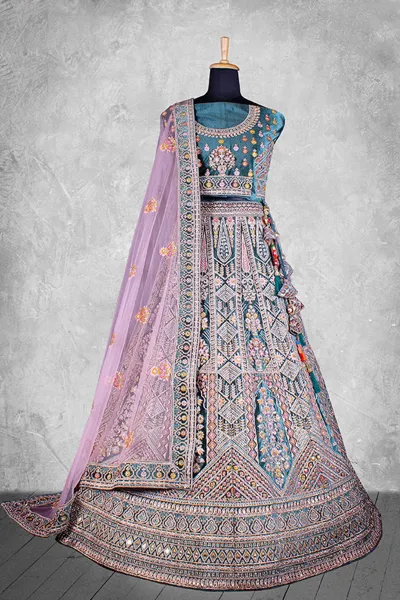 Velvet Fabric Teal Embroidered Bridal Lehenga Choli