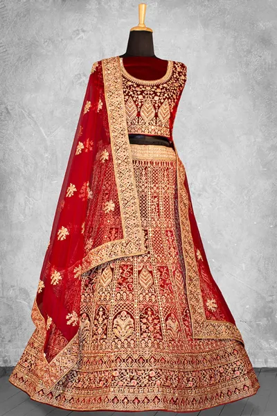 Red Velvet Embroidered Bridal Lehenga Choli
