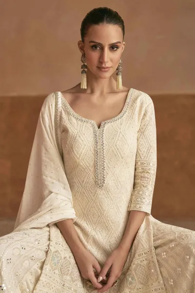 Ethnic Georgette Embroidered Readymade Palazzo Suit In Off White Color