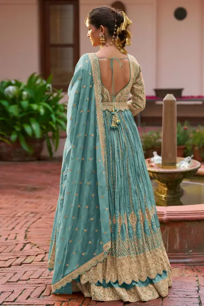 Chinon Sky Blue Readymade Long Top With Designer Skirt
