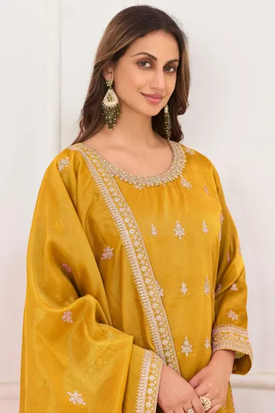Stylish Yellow Festive Wear Readymade Palazzo Salwar Kameez With Embroidered Work