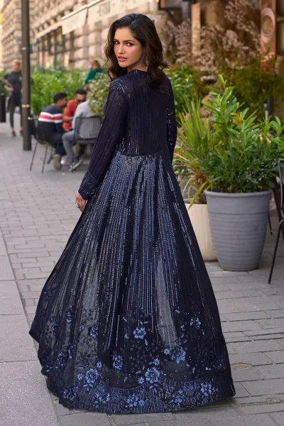 Georgette Sequins Embroidered Indo Western Crop Top With Palazzo And Shrug