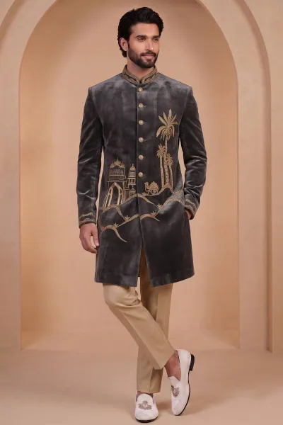 Grey Velvet Readymade Men Indo Western Jodhpuri Suit