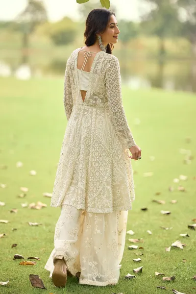 Net Beige Embroidered Readymade Palazzo Salwar Suit