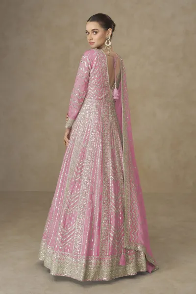 Embroidered Chinon Silk Pink Designer Readymade Gown With Dupatta For Function Wear