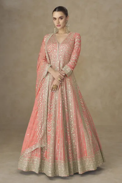 Chinon Silk Embroidered Peach Designer Readymade Gown With Dupatta For Function Wear