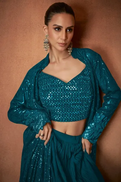 Teal Sangeet Wear Georgette Readymade Palazzo Set With Designer Blouse And Jacket