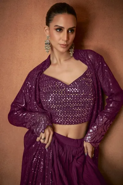 Wine Sangeet Wear Sequins Work Readymade Palazzo Set With Designer Blouse And Jacket