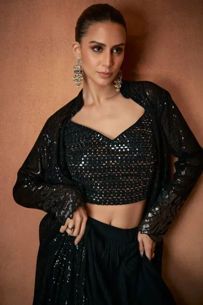 Georgette Fabric Black Readymade Palazzo Set With Designer Blouse And Jacket