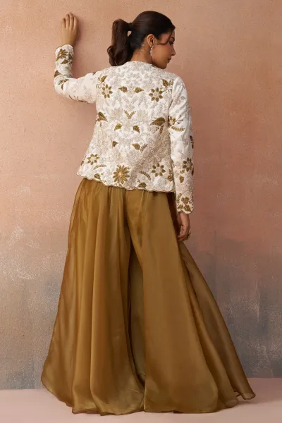 Stylish Brown Tissue Indo Western Crop Top With Jacket And Palazzo Set