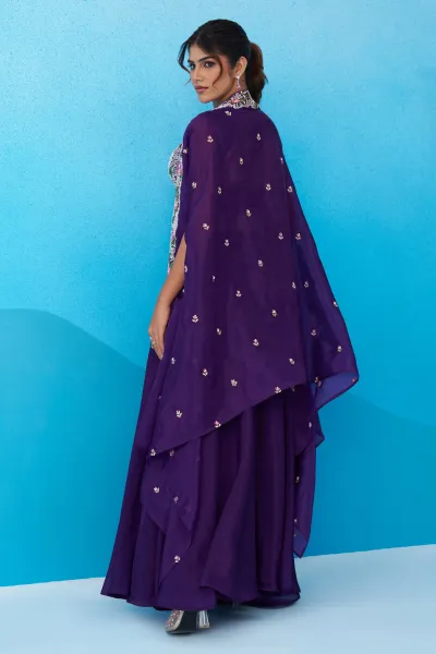 Festive Wear Purple Crepe Indo Western Crop Top Palazzo Set With Embroidered Cape