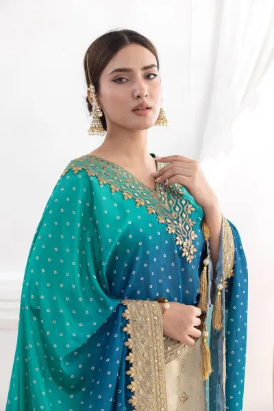 Cyan Viscose Jacquard Readymade Sharara Palazzo Suit With Kaftan Style Dupatta