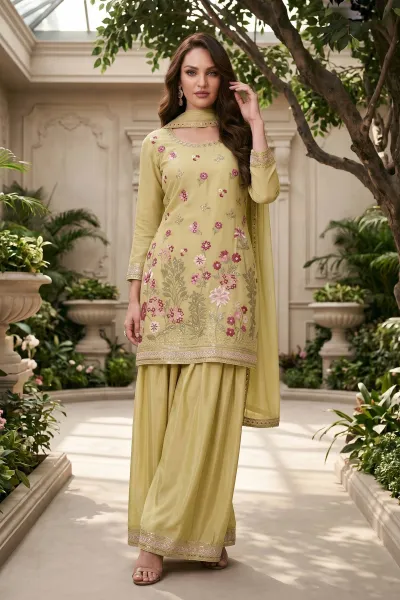 Embroidered Yellow Chinon Readymade Palazzo Salwar Suit
