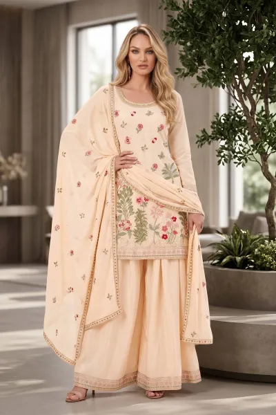 Chinon Beige Embroidered Readymade Palazzo Dress